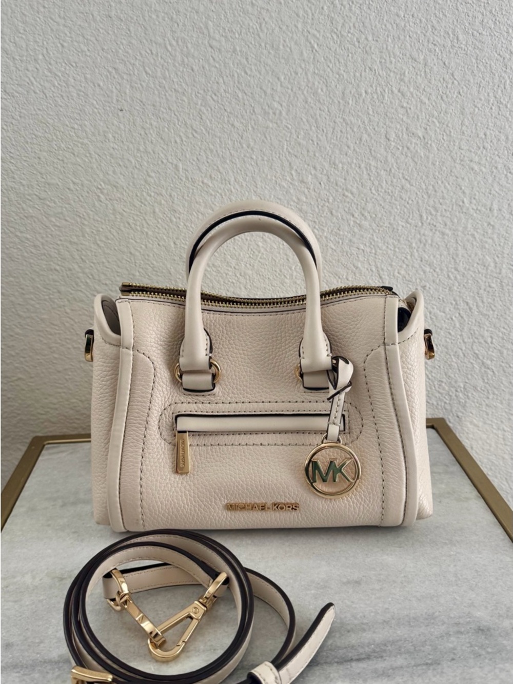 Michael Kors Cream Pebbled Leather Satchel with MK Charm